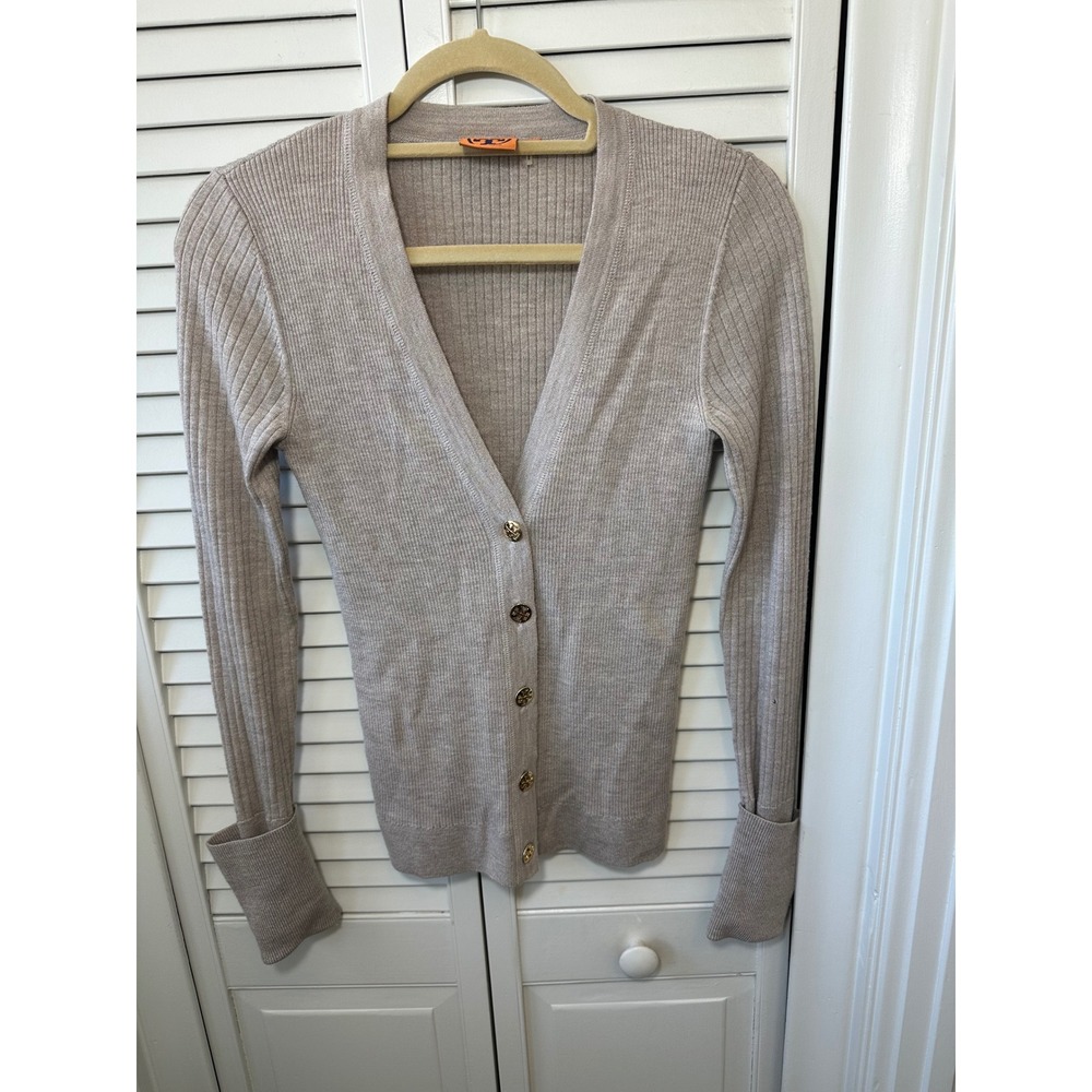 Tory Burch Merino Wool Ribbed Cardigan Beige Gold Logo Button 14123179 Sz S(A)